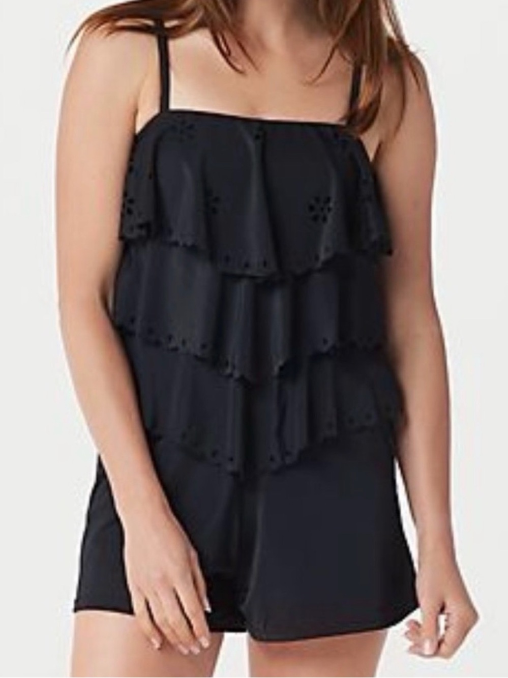 Fit 4 U Swimsuit Laser-Cut V-Tiered Bandeau Romper Black Womens 12 A350545